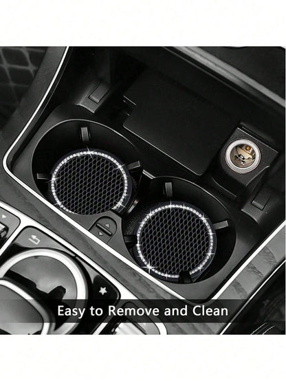 1/2pcs Car Cup Holder Coasters, Shiny Cup Holder Insert Coasters, Universal Car Anti-Slip Cup Holder Decorative Silicone Cup Mats, Car Interior Pad, 7cm/2.75" Soft Crystal Rhinestone Rubber Coaster Se