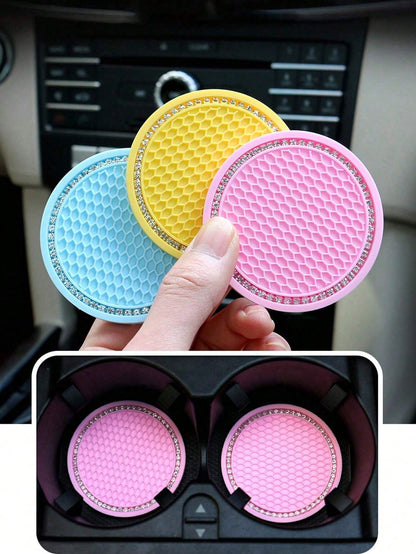 1/2pcs Car Cup Holder Coasters, Shiny Cup Holder Insert Coasters, Universal Car Anti-Slip Cup Holder Decorative Silicone Cup Mats, Car Interior Pad, 7cm/2.75" Soft Crystal Rhinestone Rubber Coaster Se