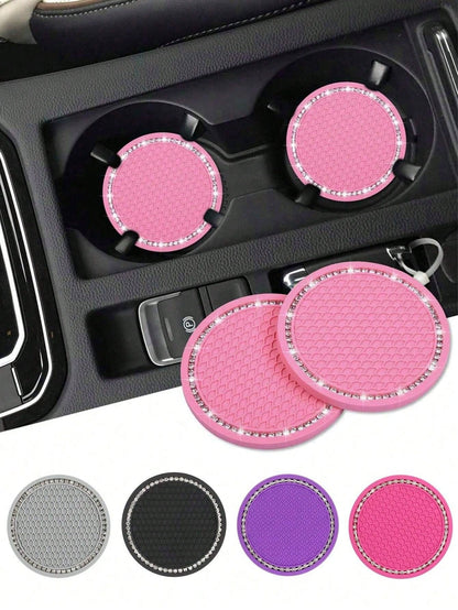 1/2pcs Car Cup Holder Coasters, Shiny Cup Holder Insert Coasters, Universal Car Anti-Slip Cup Holder Decorative Silicone Cup Mats, Car Interior Pad, 7cm/2.75" Soft Crystal Rhinestone Rubber Coaster Se