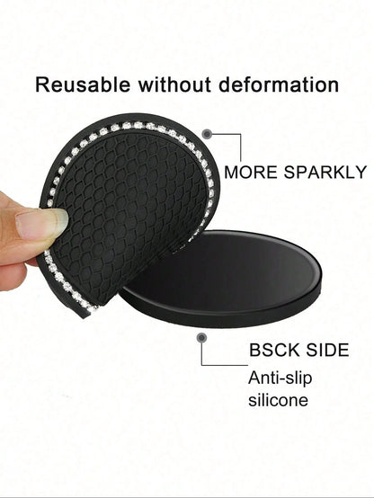 1/2pcs Car Cup Holder Coasters, Shiny Cup Holder Insert Coasters, Universal Car Anti-Slip Cup Holder Decorative Silicone Cup Mats, Car Interior Pad, 7cm/2.75" Soft Crystal Rhinestone Rubber Coaster Se