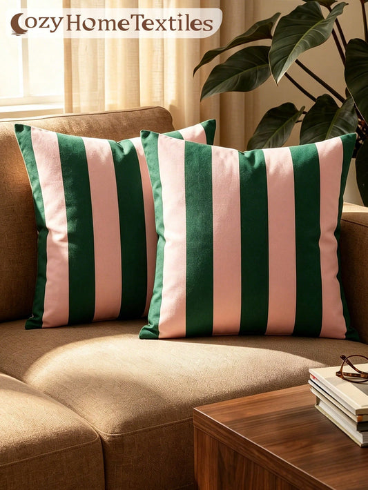 1/2pcs Classic Versatile Pink & Green Striped Pillowcase/Cushion Cover, Single-Sided Print, Breathable & Anti-Pilling, Comfortable & Skin-Friendly, Machine Washable, Suitable For Sofa And Car Pillows