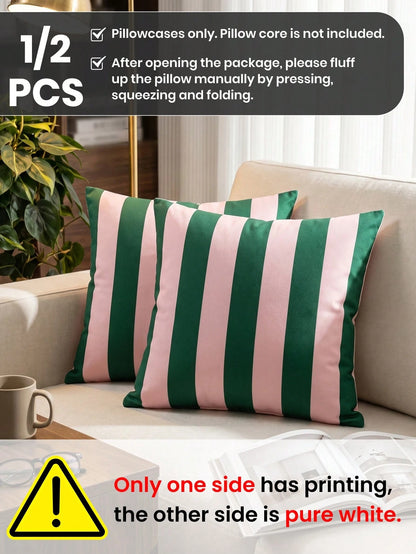 1/2pcs Classic Versatile Pink & Green Striped Pillowcase/Cushion Cover, Single-Sided Print, Breathable & Anti-Pilling, Comfortable & Skin-Friendly, Machine Washable, Suitable For Sofa And Car Pillows