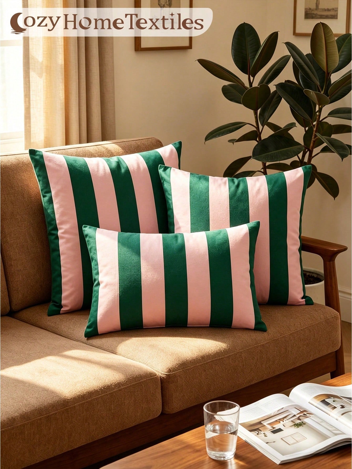 1/2pcs Classic Versatile Pink & Green Striped Pillowcase/Cushion Cover, Single-Sided Print, Breathable & Anti-Pilling, Comfortable & Skin-Friendly, Machine Washable, Suitable For Sofa And Car Pillows