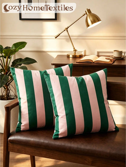 1/2pcs Classic Versatile Pink & Green Striped Pillowcase/Cushion Cover, Single-Sided Print, Breathable & Anti-Pilling, Comfortable & Skin-Friendly, Machine Washable, Suitable For Sofa And Car Pillows