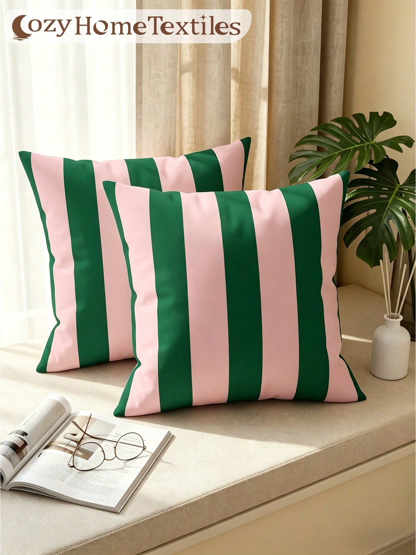 1/2pcs Classic Versatile Pink & Green Striped Pillowcase/Cushion Cover, Single-Sided Print, Breathable & Anti-Pilling, Comfortable & Skin-Friendly, Machine Washable, Suitable For Sofa And Car Pillows