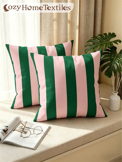 1/2pcs Classic Versatile Pink & Green Striped Pillowcase/Cushion Cover, Single-Sided Print, Breathable & Anti-Pilling, Comfortable & Skin-Friendly, Machine Washable, Suitable For Sofa And Car Pillows