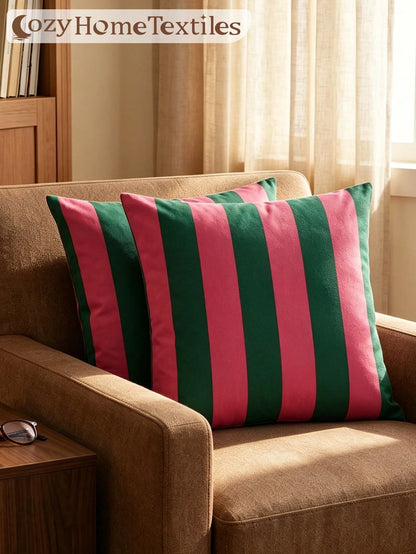 1/2pcs Classic Versatile Pink & Green Striped Pillowcase/Cushion Cover, Single-Sided Print, Breathable & Anti-Pilling, Comfortable & Skin-Friendly, Machine Washable, Suitable For Sofa And Car Pillows