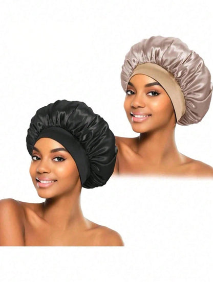 1/2pcs Silk Bonnet For Sleeping, Satin Hair Bonnets, Soft Elastic Band Silk Sleep Cap, Silk Hair Wrap For Curly Hair (Black Gold)