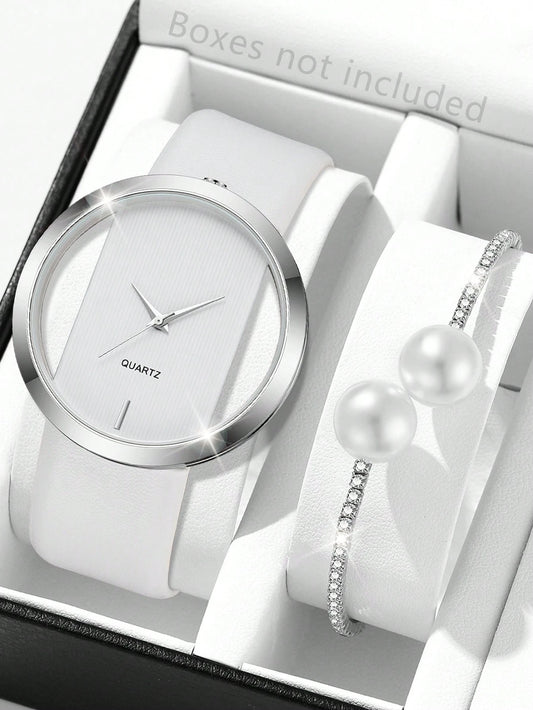 1/2pcs White Women's Watch Set, Fashion Minimalist Pointer Quartz Watch & Bracelet Jewelry Set, Perfect Gift For Her (No Packaging Box)
