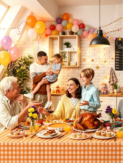 1/3/5pcs Orange Gold Tablecloth Decoration, Disposable Plastic Orange And White Tablecloth Suitable ForThanksgiving Birthday Party Supplies