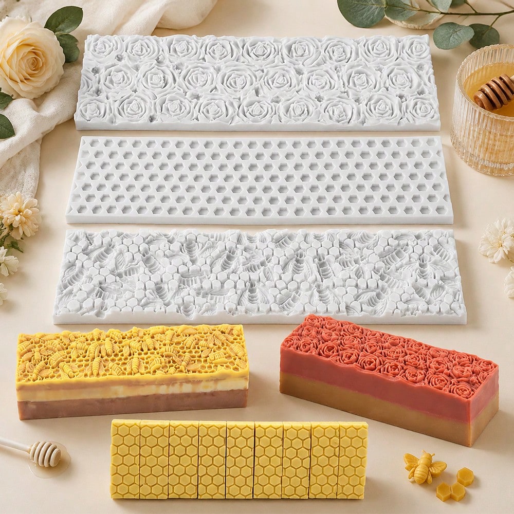 1/3PCS Silicone Soap Impression Mat For 1.2L Wooden Box Soap Mold Rose Flower Honeycomb Honey Bee Embossing Texture Liner DIY Handmade Soap Making Supplies