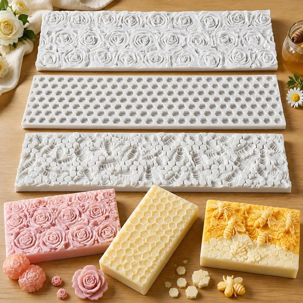 1/3PCS Silicone Soap Impression Mat For 1.2L Wooden Box Soap Mold Rose Flower Honeycomb Honey Bee Embossing Texture Liner DIY Handmade Soap Making Supplies