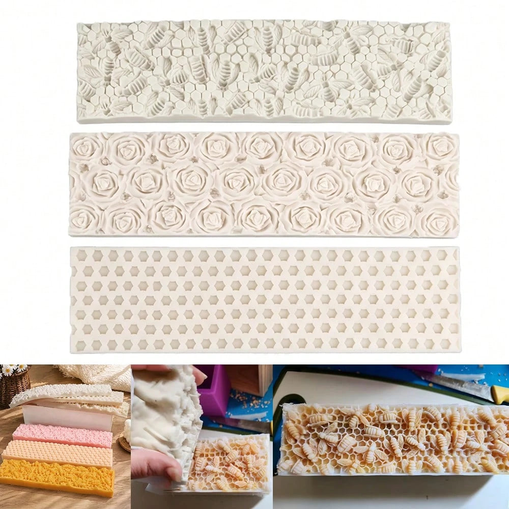 1/3PCS Silicone Soap Impression Mat For 1.2L Wooden Box Soap Mold Rose Flower Honeycomb Honey Bee Embossing Texture Liner DIY Handmade Soap Making Supplies