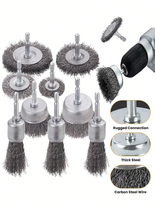 1/4" Hex Shank Wire Cup Brush Set- Ideal For Rust Removal, Stripping And Grinding Cleaning- Compatible With Drill Attachments, Carbon Steel Wire Brush Kit For Drilling Includes Abrasive Wire Wheels
