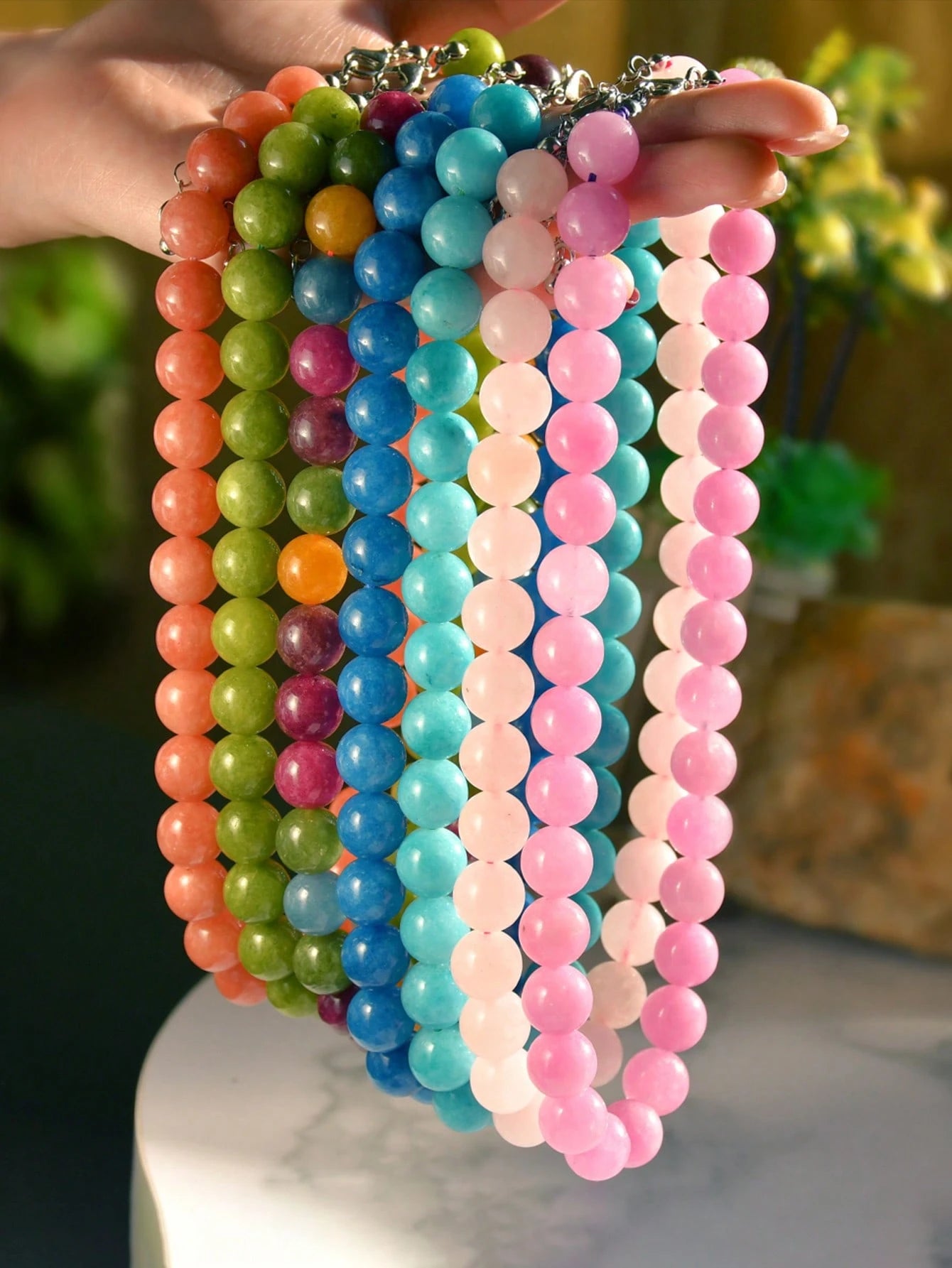 1/4pcs 12mm Natural Stone Beaded Necklace, Fashion Dopamine Color Retro Exaggerated Choker, Natural Crystal Aquamarine Peridot Necklace