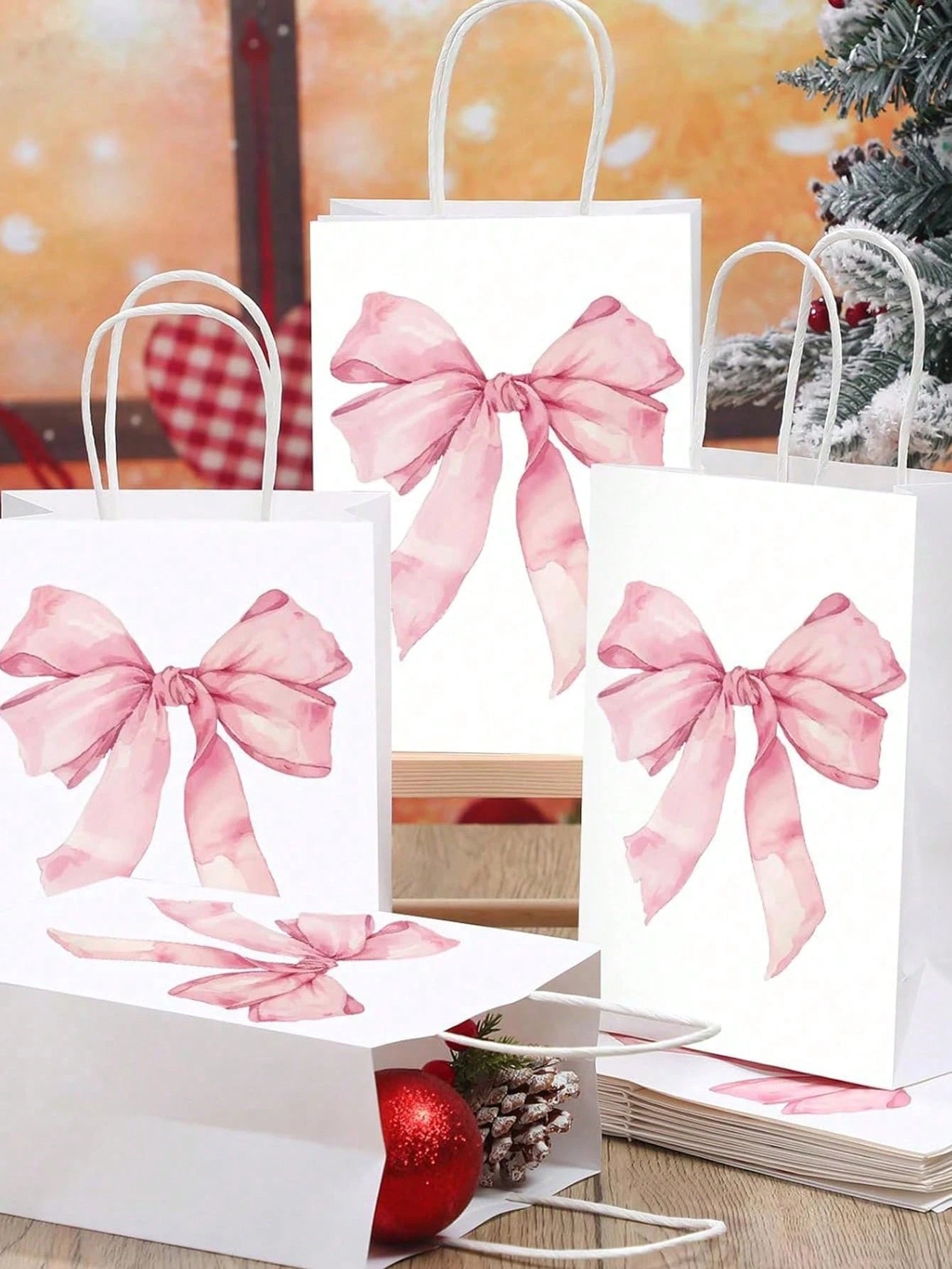 1/6/12pcs Pink Bow Themed Goodie Bags With Handles For Bachelorette, Birthday & Baby Shower Party Supplies