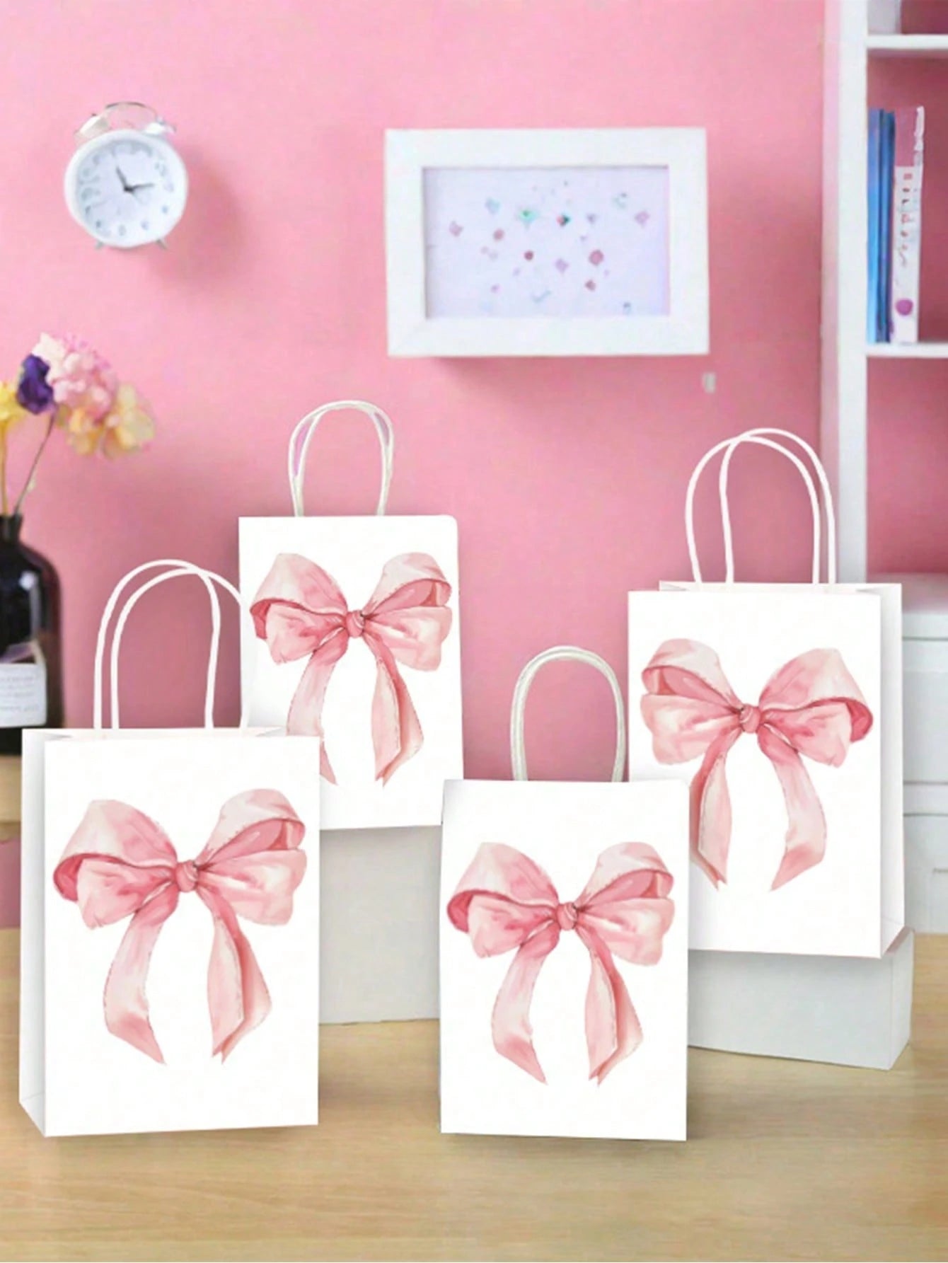 1/6/12pcs Pink Bow Themed Goodie Bags With Handles For Bachelorette, Birthday & Baby Shower Party Supplies