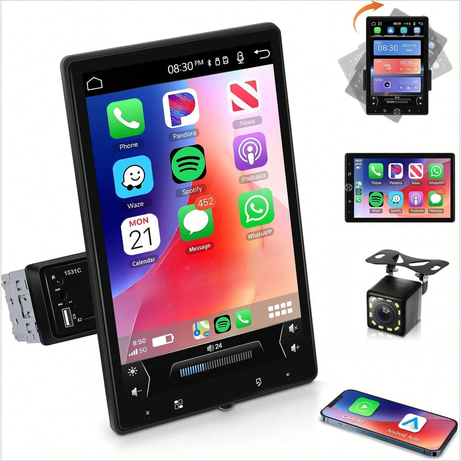 1 DIN Car Stereo With Wired Carplay For Android, Featuring A 10.4-Inch Touchscreen That Rotates, Wireless Connectivity, FM Radio, Mirror Link, 2 USB Ports, And A Reversing Camera