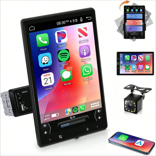 1 DIN Car Stereo With Wired Carplay For Android, Featuring A 10.4-Inch Touchscreen That Rotates, Wireless Connectivity, FM Radio, Mirror Link, 2 USB Ports, And A Reversing Camera