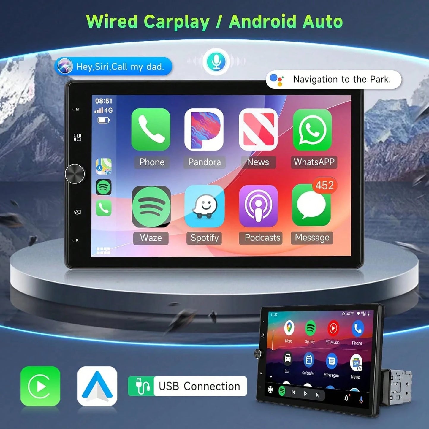 1 DIN Car Stereo With Wired Carplay For Android, Featuring A 10.4-Inch Touchscreen That Rotates, Wireless Connectivity, FM Radio, Mirror Link, 2 USB Ports, And A Reversing Camera