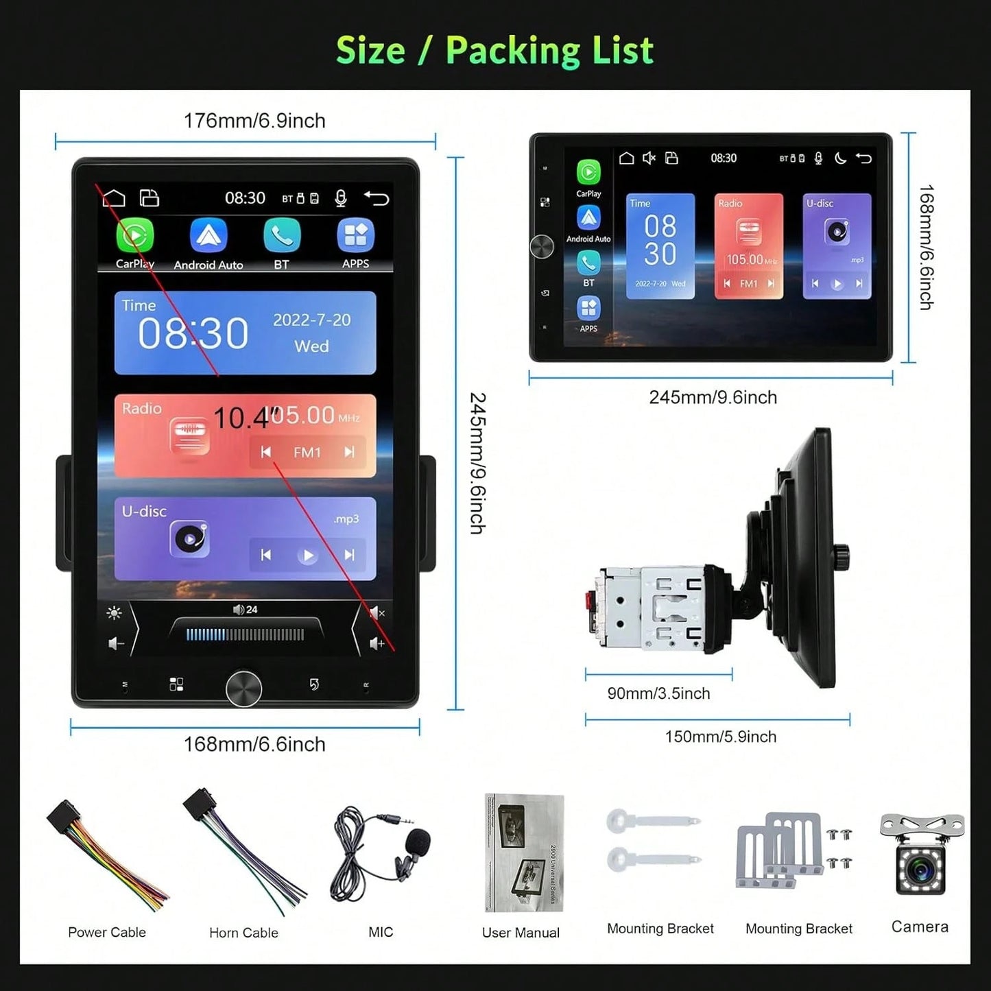 1 DIN Car Stereo With Wired Carplay For Android, Featuring A 10.4-Inch Touchscreen That Rotates, Wireless Connectivity, FM Radio, Mirror Link, 2 USB Ports, And A Reversing Camera