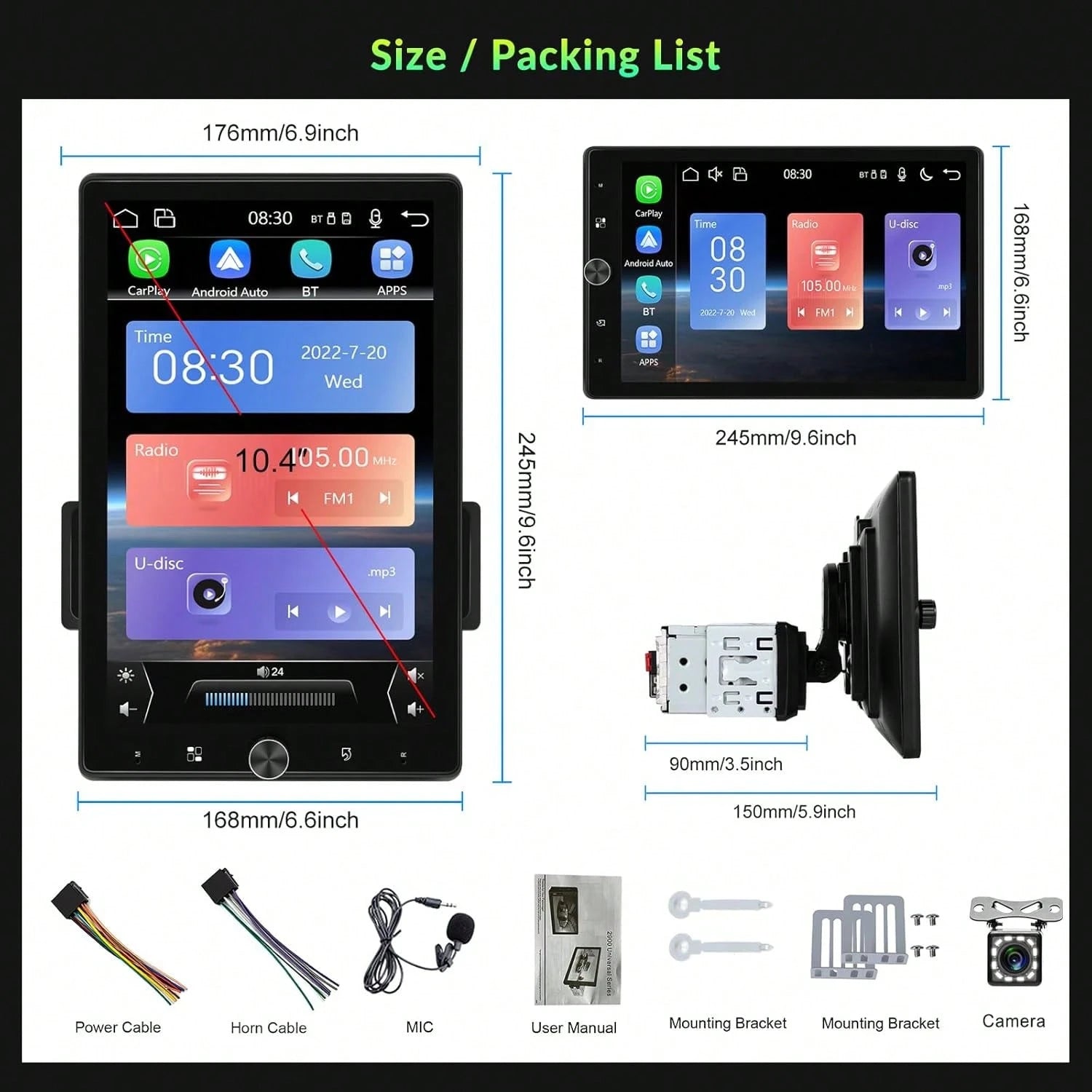 1 DIN Car Stereo With Wired Carplay For Android, Featuring A 10.4-Inch Touchscreen That Rotates, Wireless Connectivity, FM Radio, Mirror Link, 2 USB Ports, And A Reversing Camera