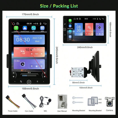 1 DIN Car Stereo With Wired Carplay For Android, Featuring A 10.4-Inch Touchscreen That Rotates, Wireless Connectivity, FM Radio, Mirror Link, 2 USB Ports, And A Reversing Camera