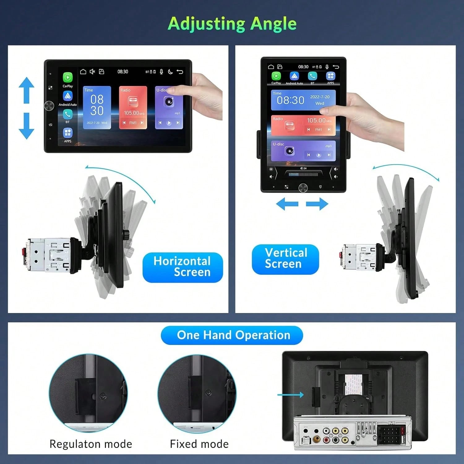1 DIN Car Stereo With Wired Carplay For Android, Featuring A 10.4-Inch Touchscreen That Rotates, Wireless Connectivity, FM Radio, Mirror Link, 2 USB Ports, And A Reversing Camera