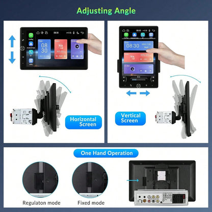 1 DIN Car Stereo With Wired Carplay For Android, Featuring A 10.4-Inch Touchscreen That Rotates, Wireless Connectivity, FM Radio, Mirror Link, 2 USB Ports, And A Reversing Camera