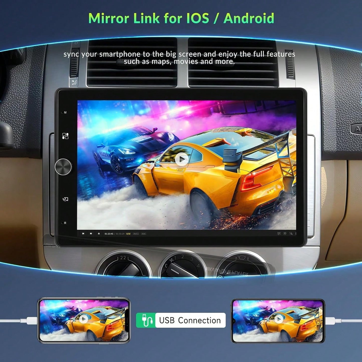 1 DIN Car Stereo With Wired Carplay For Android, Featuring A 10.4-Inch Touchscreen That Rotates, Wireless Connectivity, FM Radio, Mirror Link, 2 USB Ports, And A Reversing Camera