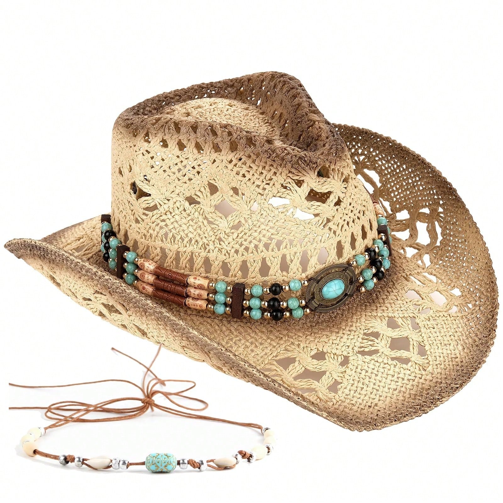 1 Hat And 2 Decorations Unisex Bead Decor Cowgirl Hat Hollow Out Summer Travel Shade Cowboy Hat Dyeing Wide Brim Printed Breathable With Beaded Trim Band Hand Woven Beach Hat Sun Hat Straw Hat