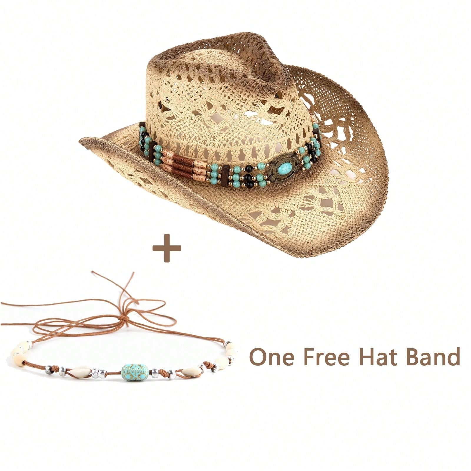 1 Hat And 2 Decorations Unisex Bead Decor Cowgirl Hat Hollow Out Summer Travel Shade Cowboy Hat Dyeing Wide Brim Printed Breathable With Beaded Trim Band Hand Woven Beach Hat Sun Hat Straw Hat