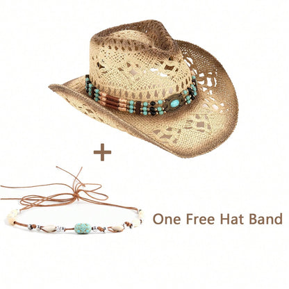 1 Hat And 2 Decorations Unisex Bead Decor Cowgirl Hat Hollow Out Summer Travel Shade Cowboy Hat Dyeing Wide Brim Printed Breathable With Beaded Trim Band Hand Woven Beach Hat Sun Hat Straw Hat