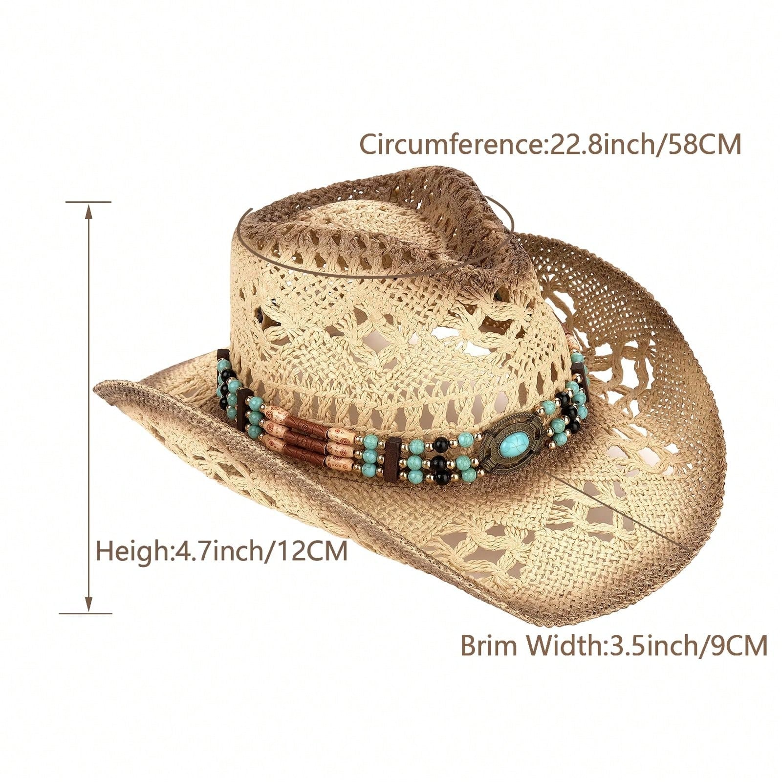 1 Hat And 2 Decorations Unisex Bead Decor Cowgirl Hat Hollow Out Summer Travel Shade Cowboy Hat Dyeing Wide Brim Printed Breathable With Beaded Trim Band Hand Woven Beach Hat Sun Hat Straw Hat