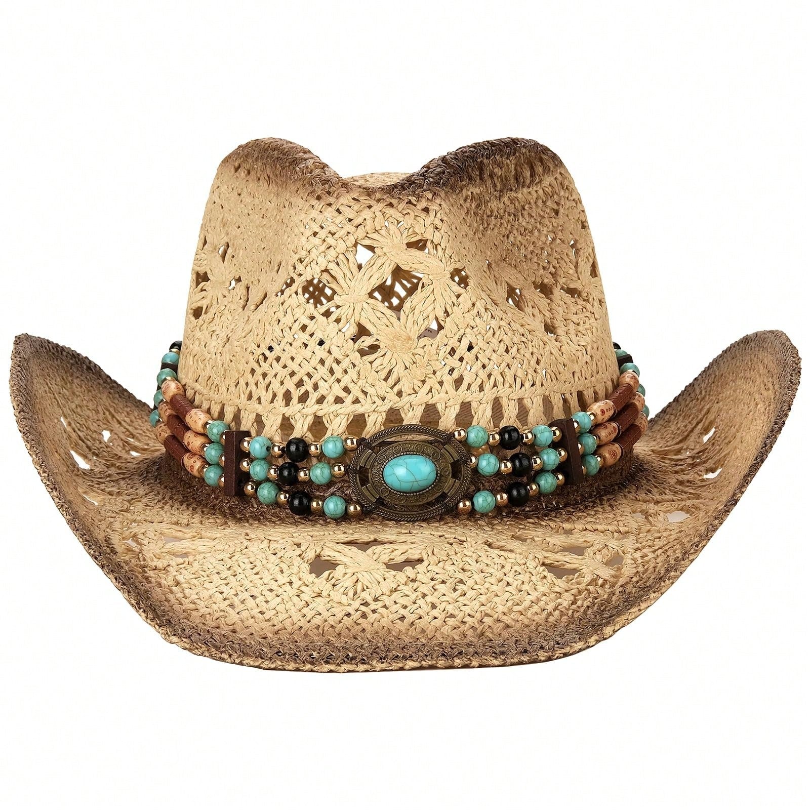 1 Hat And 2 Decorations Unisex Bead Decor Cowgirl Hat Hollow Out Summer Travel Shade Cowboy Hat Dyeing Wide Brim Printed Breathable With Beaded Trim Band Hand Woven Beach Hat Sun Hat Straw Hat