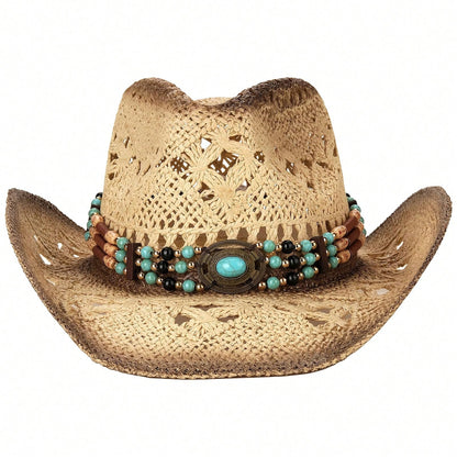 1 Hat And 2 Decorations Unisex Bead Decor Cowgirl Hat Hollow Out Summer Travel Shade Cowboy Hat Dyeing Wide Brim Printed Breathable With Beaded Trim Band Hand Woven Beach Hat Sun Hat Straw Hat