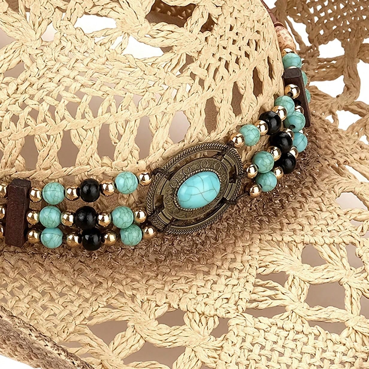 1 Hat And 2 Decorations Unisex Bead Decor Cowgirl Hat Hollow Out Summer Travel Shade Cowboy Hat Dyeing Wide Brim Printed Breathable With Beaded Trim Band Hand Woven Beach Hat Sun Hat Straw Hat