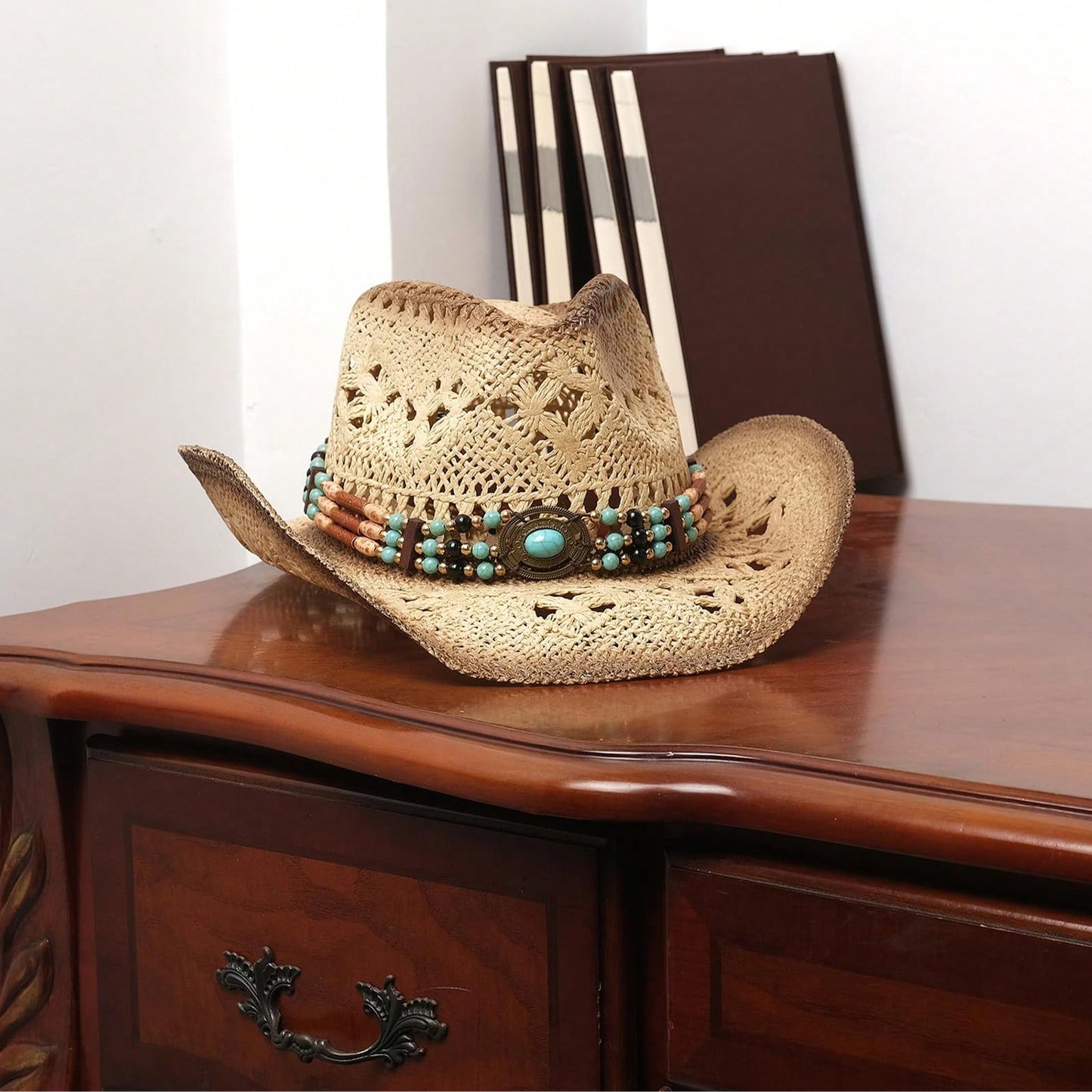 1 Hat And 2 Decorations Unisex Bead Decor Cowgirl Hat Hollow Out Summer Travel Shade Cowboy Hat Dyeing Wide Brim Printed Breathable With Beaded Trim Band Hand Woven Beach Hat Sun Hat Straw Hat