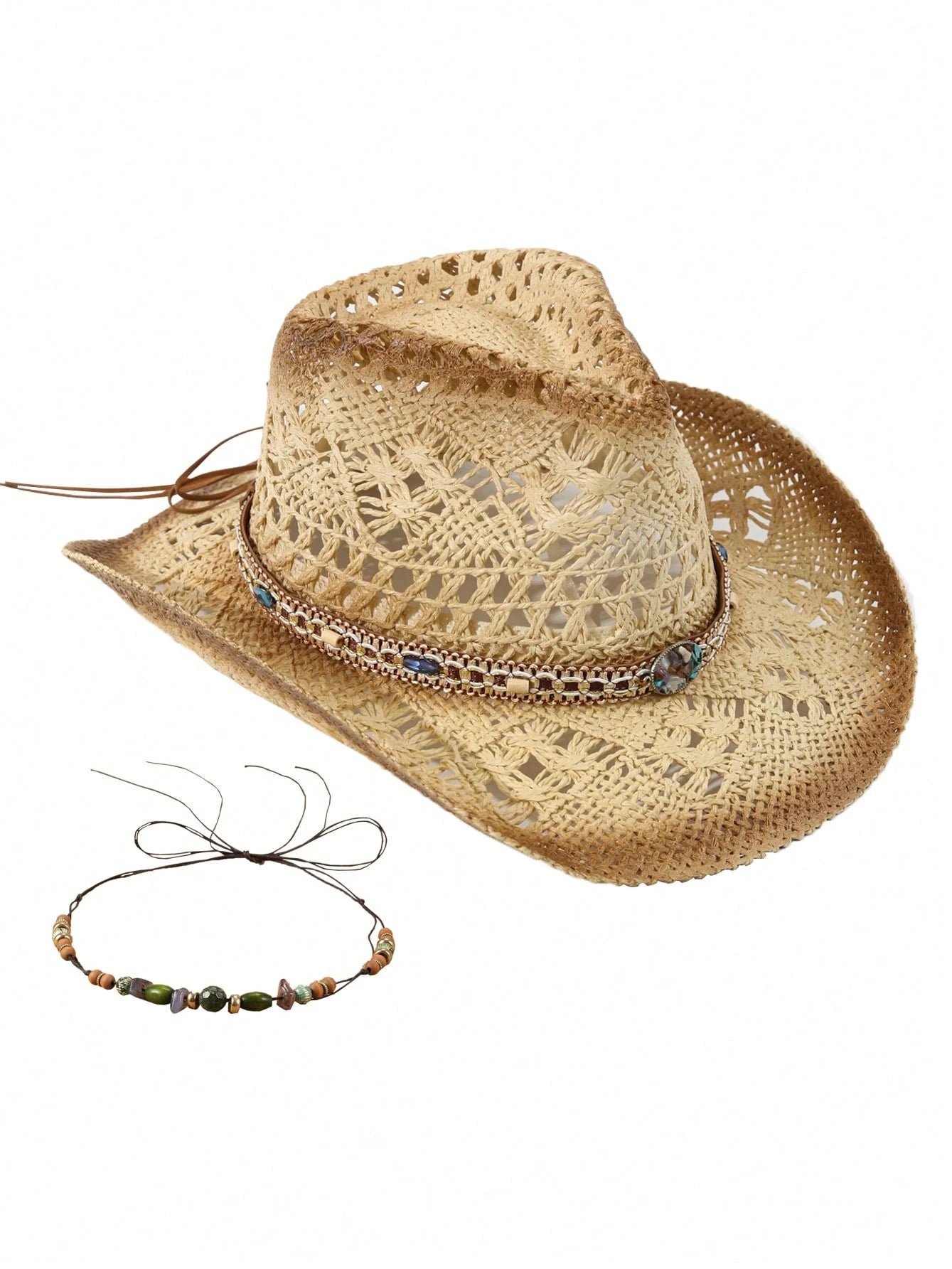 1 Hat And 2 Decorations Unisex Bead Decor Cowgirl Hat Hollow Out Summer Travel Shade Cowboy Hat Dyeing Wide Brim Printed Breathable With Beaded Trim Band Hand Woven Beach Hat Sun Hat Straw Hat