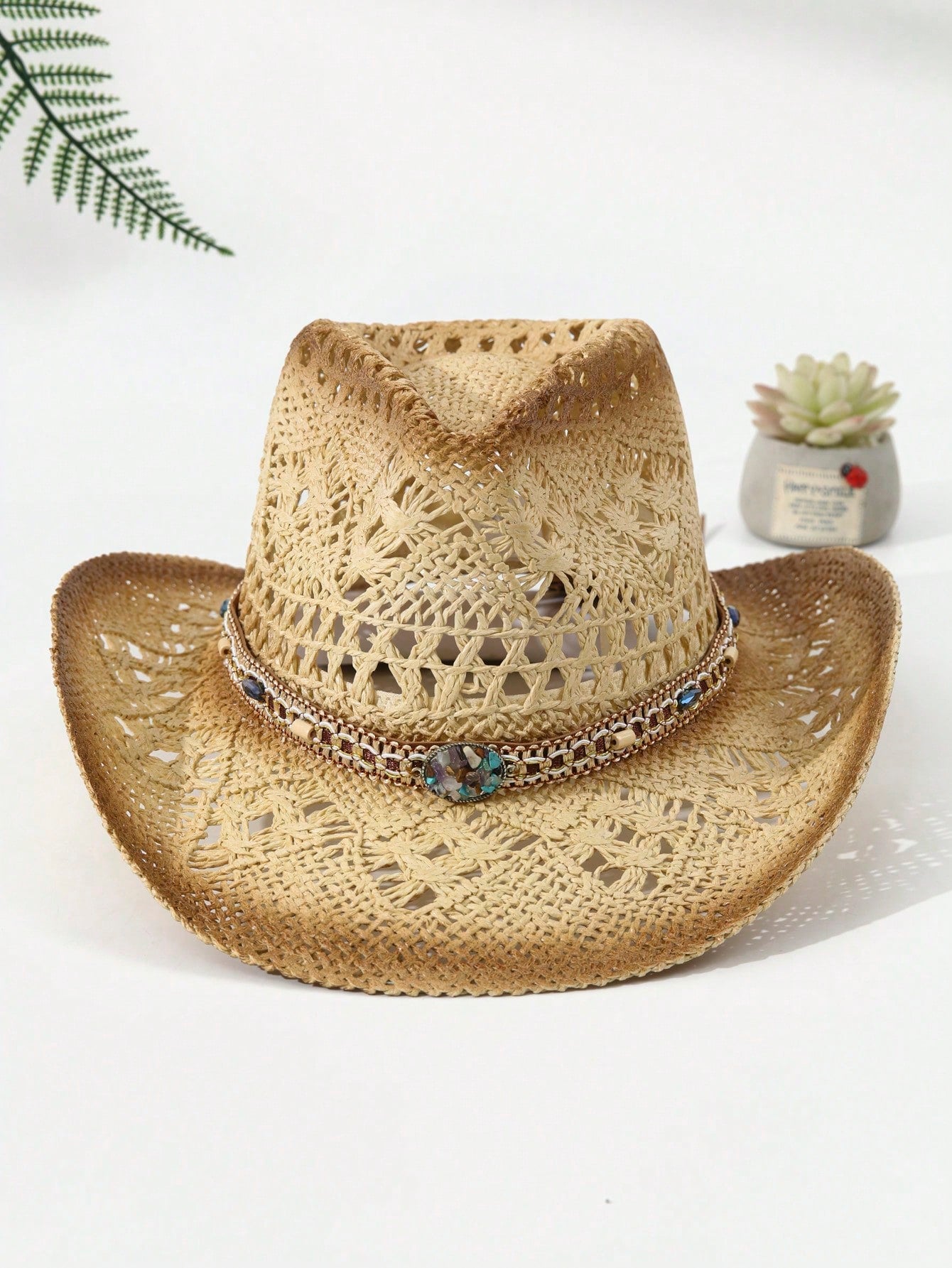 1 Hat And 2 Decorations Unisex Bead Decor Cowgirl Hat Hollow Out Summer Travel Shade Cowboy Hat Dyeing Wide Brim Printed Breathable With Beaded Trim Band Hand Woven Beach Hat Sun Hat Straw Hat