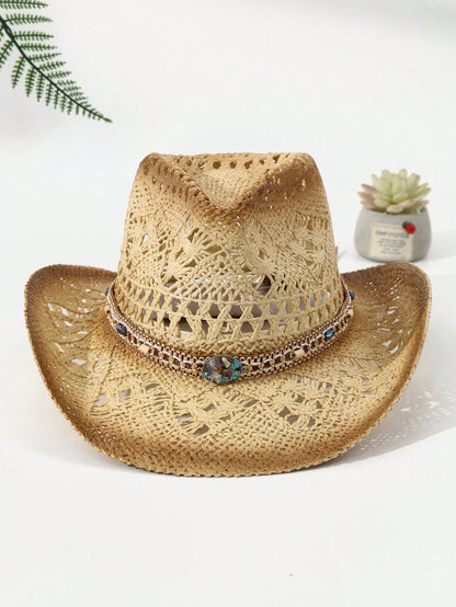 1 Hat And 2 Decorations Unisex Bead Decor Cowgirl Hat Hollow Out Summer Travel Shade Cowboy Hat Dyeing Wide Brim Printed Breathable With Beaded Trim Band Hand Woven Beach Hat Sun Hat Straw Hat