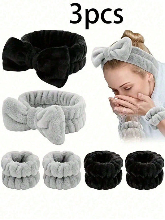 1 Headband/ 2 Wristbands/ 3 Cleansing Set: Polyester Bath Wristbands, Fluffy Solid Color Headbands, Reusable SPA Headbands And Wristbands, Fine Fiber Headbands, Makeup Headbands And Wristbands, Elas