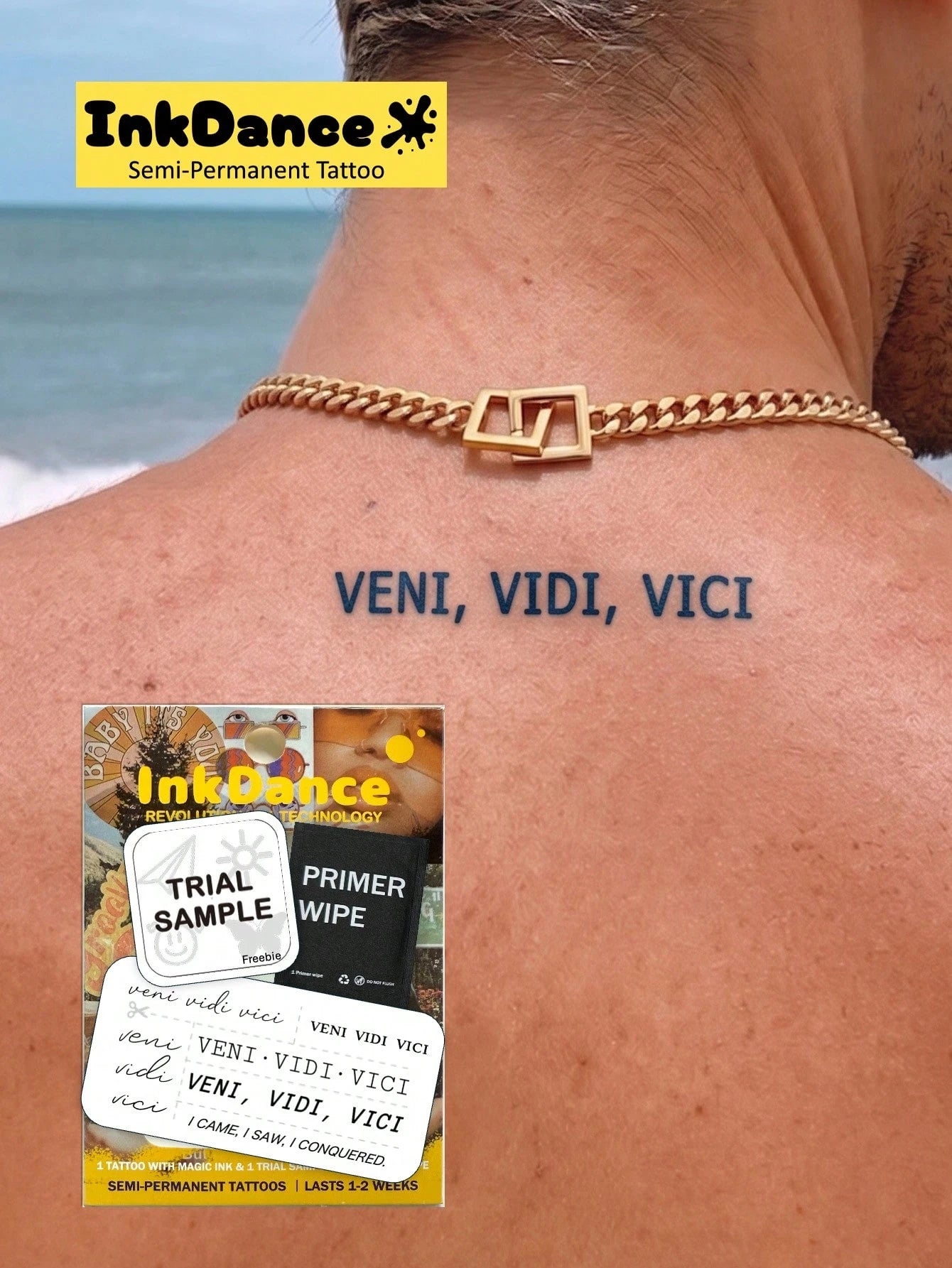 1 Kit "Veni Vidi Vici & I CAME I SAW I CONQUERED" New Technology Tattoo Sticker, Semi-Permanent, Temporary Tattoo, Motivational, Classic, Minimalist, Fake Tattoo, Waterproof & Long-Lasting Realistic D