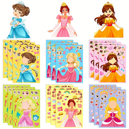 1 Pack (6pcs/18pcs) Children's Blue Princess Face Swap Stickers, Cartoon Interactive Handwritten DIY Puzzle Stickers, Stickers, Arts & Crafts, Birthday Gift, Back To School