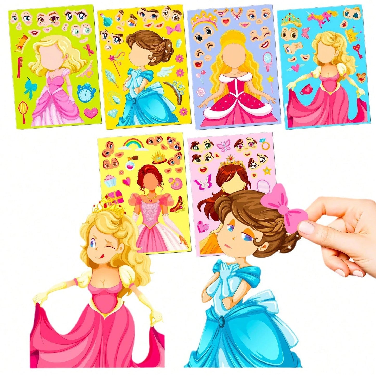 1 Pack (6pcs/18pcs) Children's Blue Princess Face Swap Stickers, Cartoon Interactive Handwritten DIY Puzzle Stickers, Stickers, Arts & Crafts, Birthday Gift, Back To School