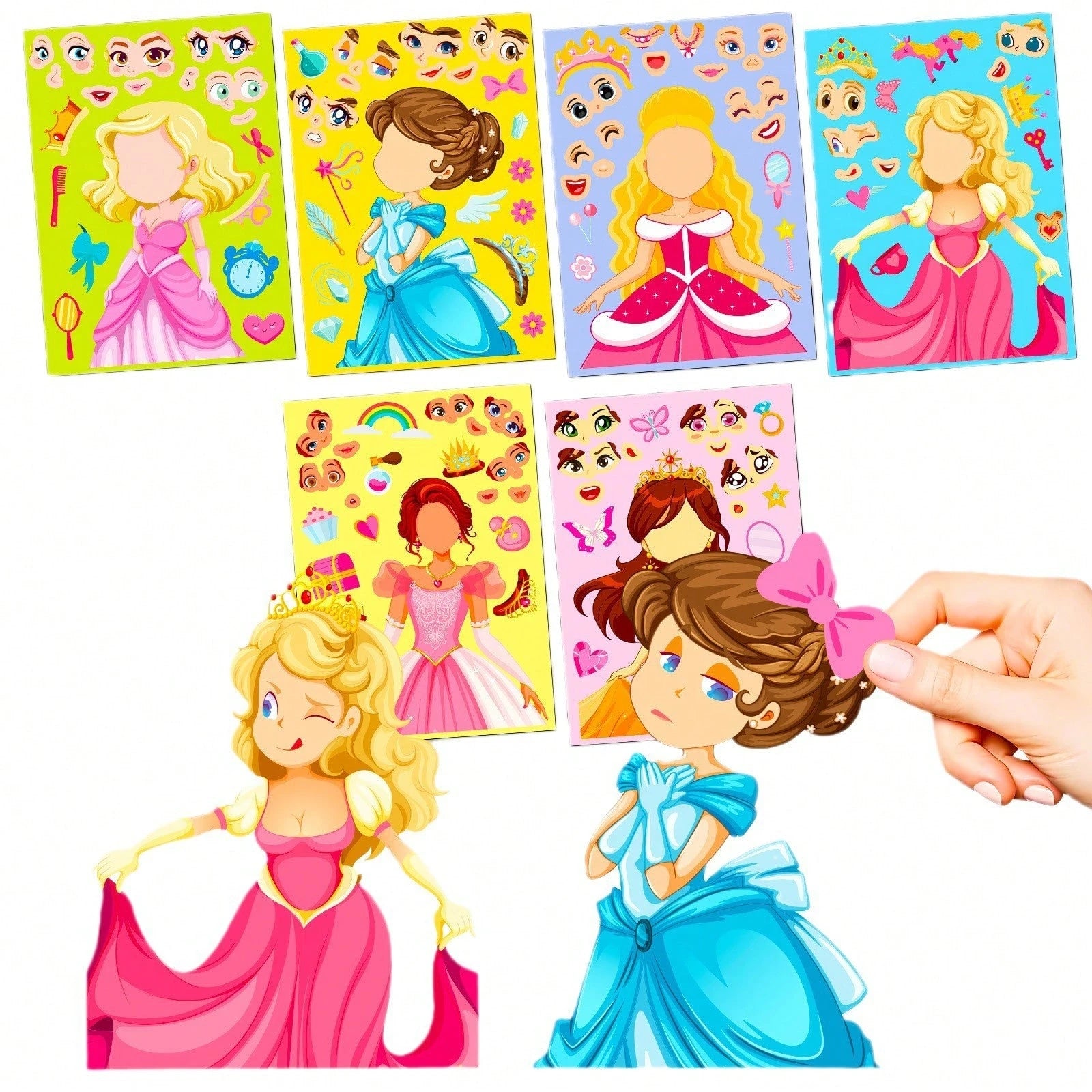 1 Pack (6pcs/18pcs) Children's Blue Princess Face Swap Stickers, Cartoon Interactive Handwritten DIY Puzzle Stickers, Stickers, Arts & Crafts, Birthday Gift, Back To School