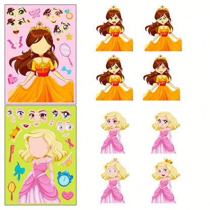 1 Pack (6pcs/18pcs) Children's Blue Princess Face Swap Stickers, Cartoon Interactive Handwritten DIY Puzzle Stickers, Stickers, Arts & Crafts, Birthday Gift, Back To School