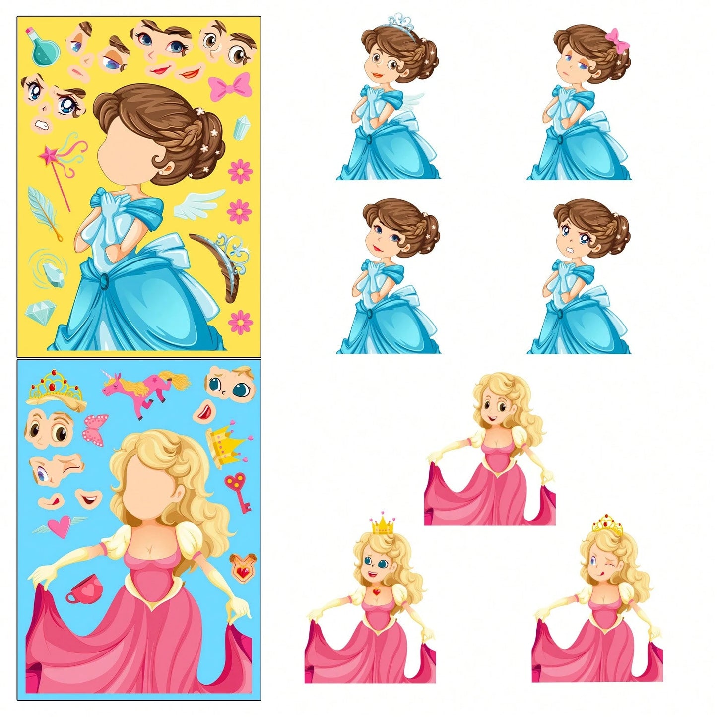 1 Pack (6pcs/18pcs) Children's Blue Princess Face Swap Stickers, Cartoon Interactive Handwritten DIY Puzzle Stickers, Stickers, Arts & Crafts, Birthday Gift, Back To School