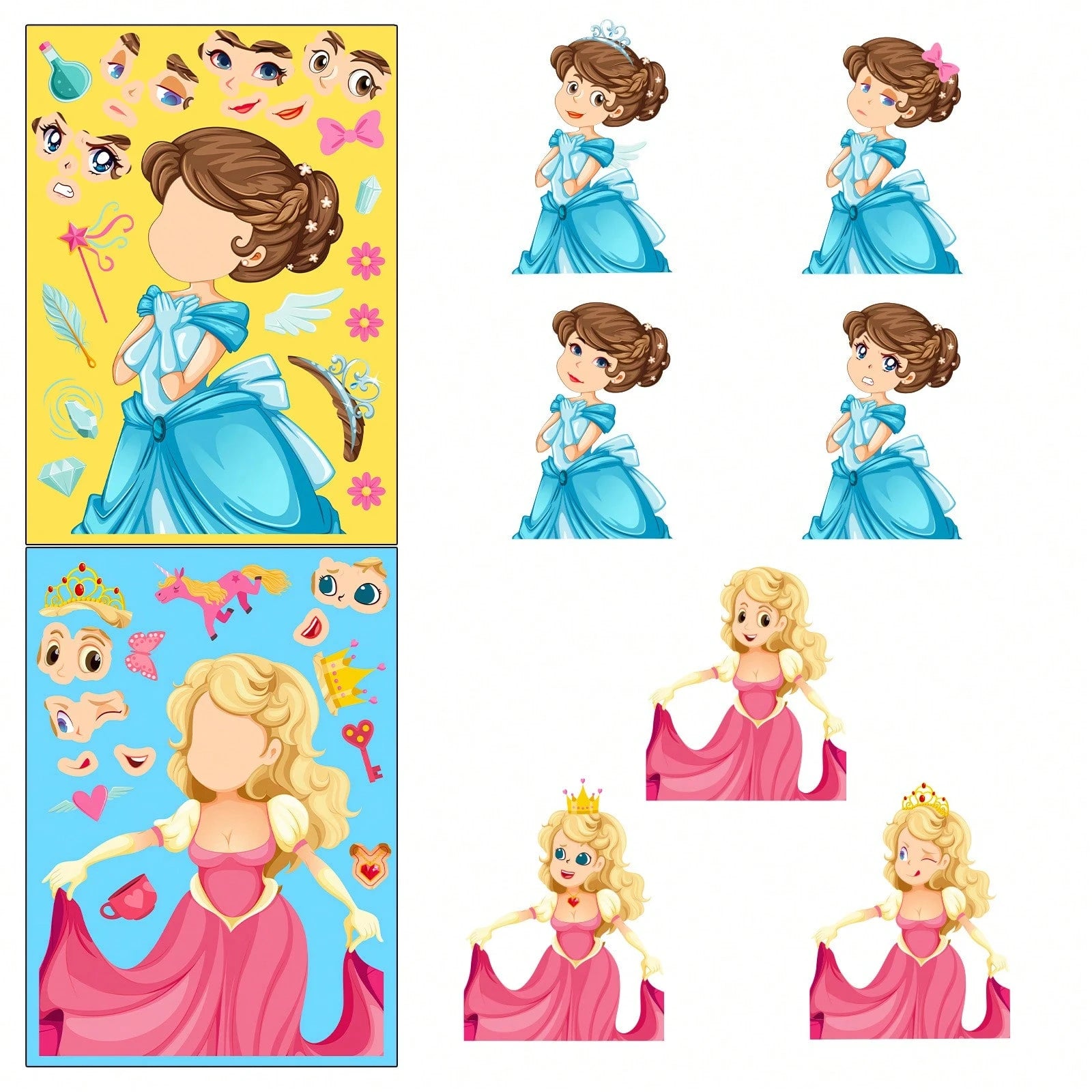 1 Pack (6pcs/18pcs) Children's Blue Princess Face Swap Stickers, Cartoon Interactive Handwritten DIY Puzzle Stickers, Stickers, Arts & Crafts, Birthday Gift, Back To School