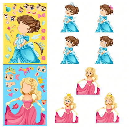 1 Pack (6pcs/18pcs) Children's Blue Princess Face Swap Stickers, Cartoon Interactive Handwritten DIY Puzzle Stickers, Stickers, Arts & Crafts, Birthday Gift, Back To School